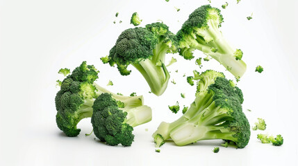 falling broccoli isolated on white