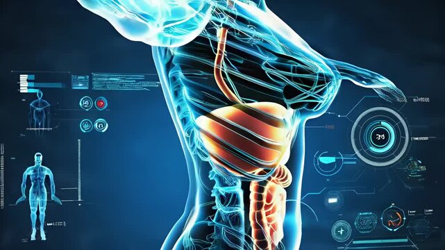 
human anatomy illustration with internal organ on futuristic medical interface highlighting respiratory and digestive systems within transparent human body 
