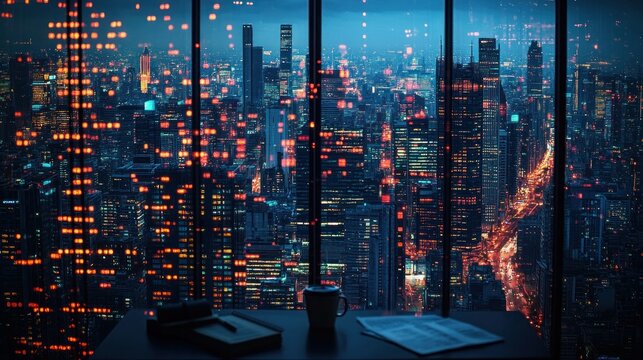 Night city view from a high-rise window with illuminated buildings and digital data overlay - Powered by Adobe