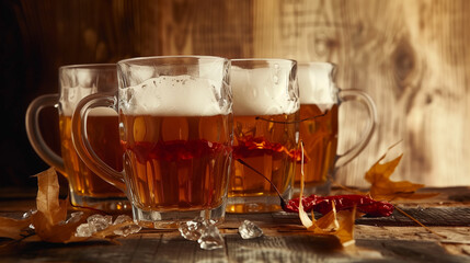 Sunset mood. Foamy beer in a glass with bubbles and rich texture