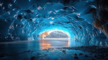 Ice cave, glacial light, icy tunnel, arctic landscape, stunning nature, travel, adventure, exploration, beautiful view