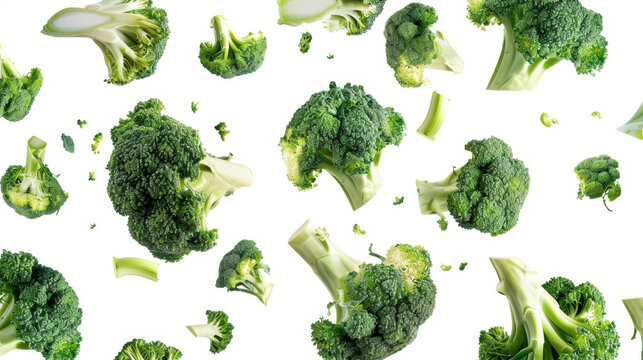 falling broccoli isolated on white