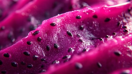 Freshly cut dragon fruit photography revealing its vibrant magenta pulp, close-up shot