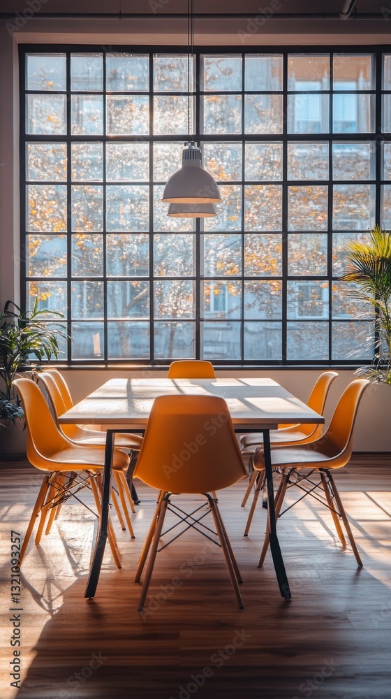 Poster sunlight streams through large windows, illuminating a stylish wooden table surrounded by bright yel