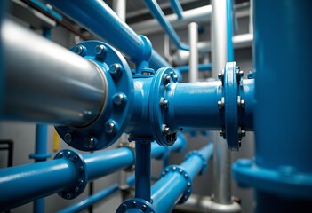 Blue and Silver Industrial Pipes: Low Angle View of a Complex Piping System with High Detail, Perfect Studio Shot for Engineering, Mechanical, and Industrial Visualizations.


