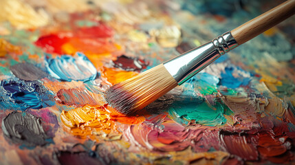 Obraz premium Close-up of an artist's paintbrush resting on a vibrant palette filled with rich, colorful oil paints, evoking creativity and artistic expression