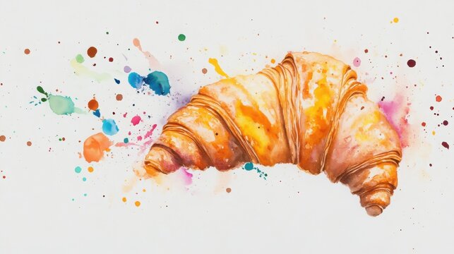 Watercolor Croissant with Colorful Splashes of Coffee and Artistic Touches