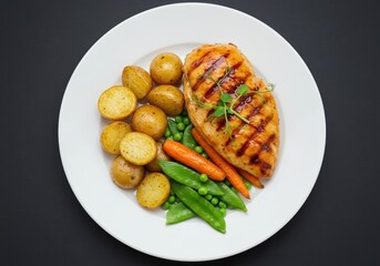 A grilled chicken breast with a glossy glaze, served with roasted potatoes, caramelized carrots and fresh green peas on a white plate