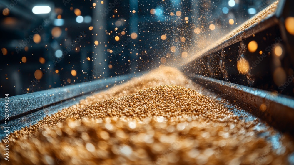 Fototapete golden grains flow smoothly along the conveyor belt in a manufacturing facility, showcasing the auto