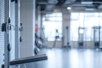 Modern gym interior, blurred focus on exercise equipment
