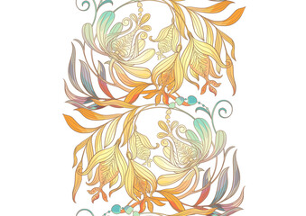 Fantasy flowers in retro, vintage, jacobean embroidery style. Seamless pattern, background. Vector illustration.