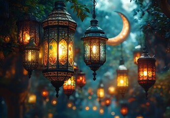 Magical Forest Scene with Illuminated Lanterns