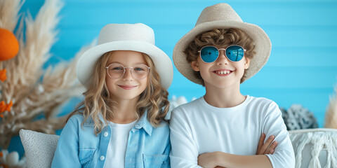 Two children wearing hats and sunglasses are smiling for the camera