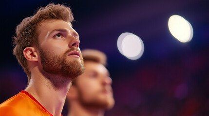 Athletic player focused upward in orange jersey