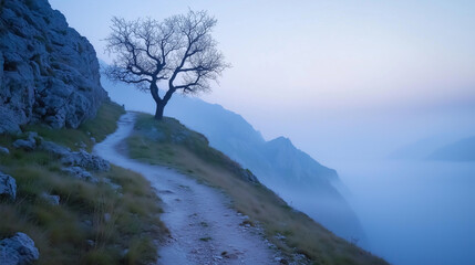 Solitary mountain path with windswept tree in blue misty landscape