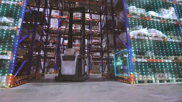 The concept of a smart multi-level warehouse. Warehouse Order Picking. Artificial intelligence manages a large wholesale warehouse. Futuristic warehouse concept. AI robots for order picking