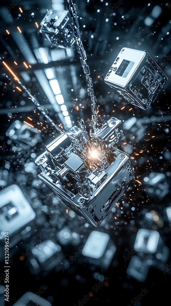 Poster abstract metallic cubes connected by chain, futuristic design concept
