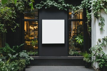 Blank storefront display. Lush greenery surrounds a modern shop front with a large, empty square sign