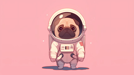 Cute pug dressed as an astronaut stands against a pink background, evoking a whimsical space theme