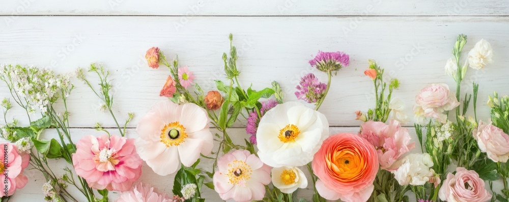 Poster assorted colorful flowers arranged on white wooden background in a horizontal pattern