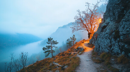 Illuminated mountain trail with bare tree against misty peaks