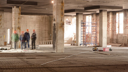 Construction equipment material with scaffolding and tools inside the floor of high rising building timelapse