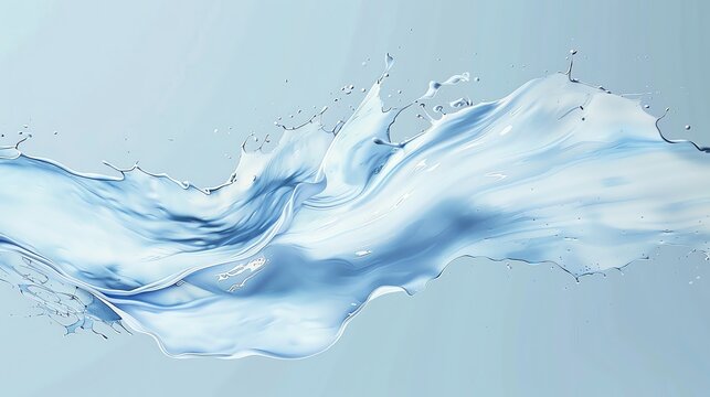A dynamic splash of water frozen in motion, creating a wave-like abstract shape against a light blue background.