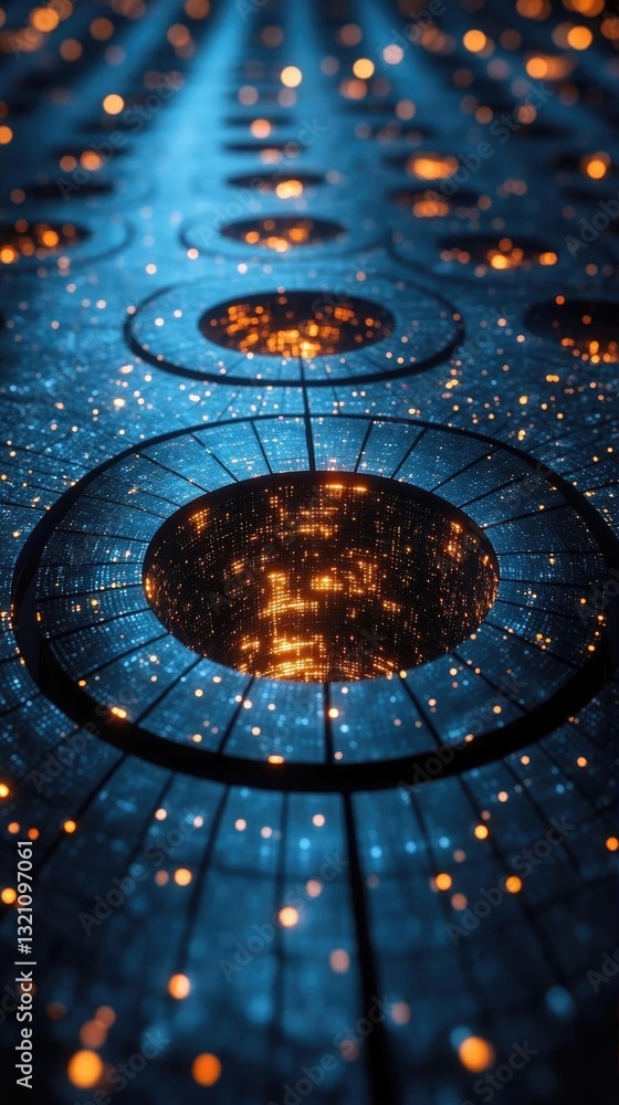 Poster abstract representation of glowing circular patterns in a futuristic digital landscape