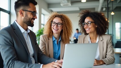 Collaborative Brainstorming: A trio of professionals share ideas, working together around a laptop, smiling with joy.