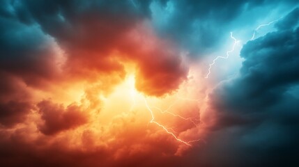 Fototapeta premium Fiery orange and teal storm clouds clash, lightning streaks across the sky
