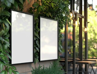 Blank signage posters on a cafe wall.  Outdoor cafe with plants