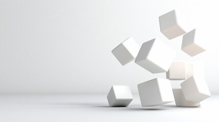 Floating white cubes on a white background. Minimalist 3D render