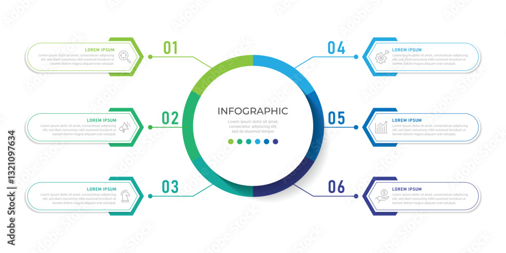 Aufkleber business infographic vector design template with 6 options, steps or processes. can be used for work