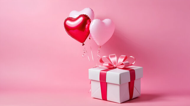 Valentine's day gift box and heart chape balloon in a pink background