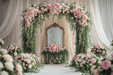 Luxurious and romantic wedding stage featuring a floral arch with pastel roses, sheer drapery, and an ornate vintage mirror, creating an elegant and dreamy event backdrop.