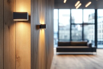 Modern hallway with wall sconces, hardwood floors, and city views