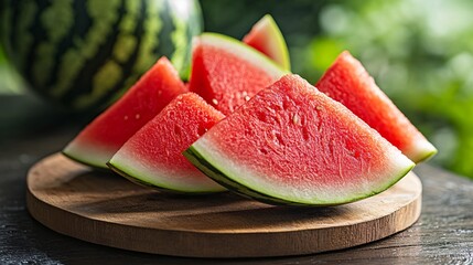 Close-up photography of juicy watermelon slices stacked on a wooden board