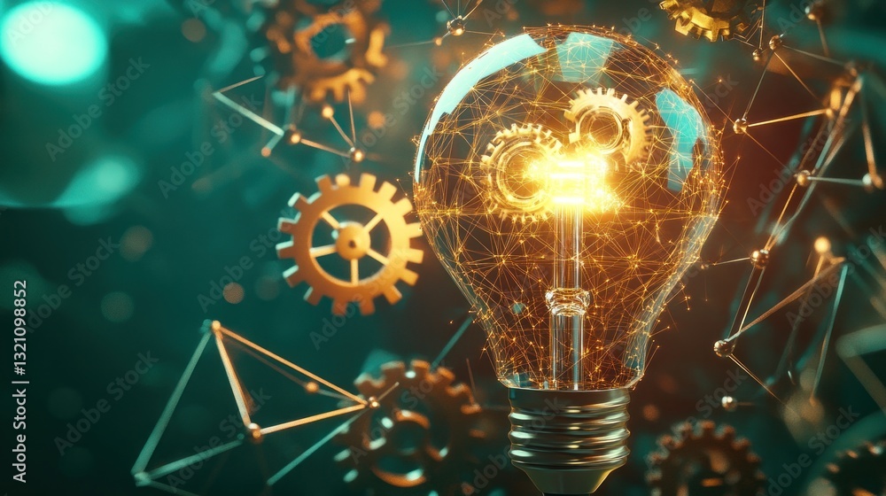 Poster illuminated lightbulb with gears inside symbolizing innovation and mechanical concepts