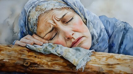 Easter themed, Mary - the mother of Jesus Christ embrace the wooden cross on which her son died, a religious story