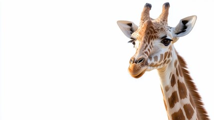 Naklejka premium Gentle giraffe portrait against white backdrop