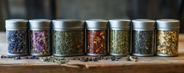 Assorted loose leaf teas in metal tins displayed on wooden table