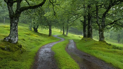 Fototapeta premium Winding Path Through Lush Green Landscape Under Misty Sky