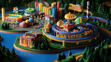 Obraz premium Colorful Candy-Themed Amusement Park with Fun Roller Coasters