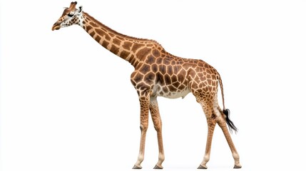 Fototapeta premium Giraffe standing, side profile, white background