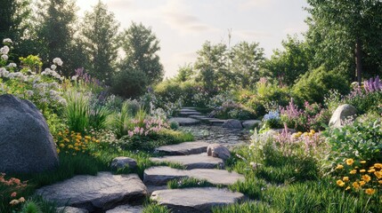 Obraz premium Serene garden path winding through colorful blooms