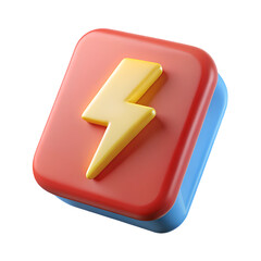 thunder flash icon bolt icon plastic 3D render,3D render, lightning bolt icon, soft rounded square button, coral pink background, golden yellow lightning symbol, 