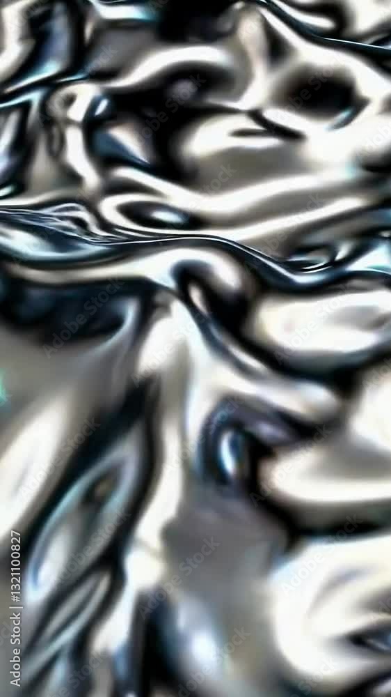 Poster fluid metallic waves ripple with iridescent reflections in abstract movement