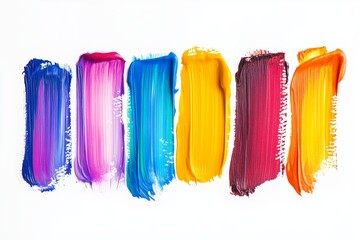 Fototapeta premium Set of abstract blue red yellow pink purple brown green paintbrush strokes isolated on white background