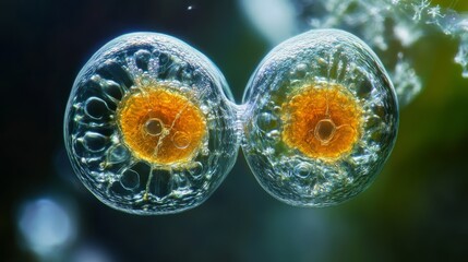 Close-up of a dividing cell under a microscope