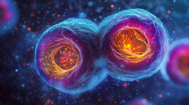 Close-up of a dividing cell under a microscope with vibrant colors